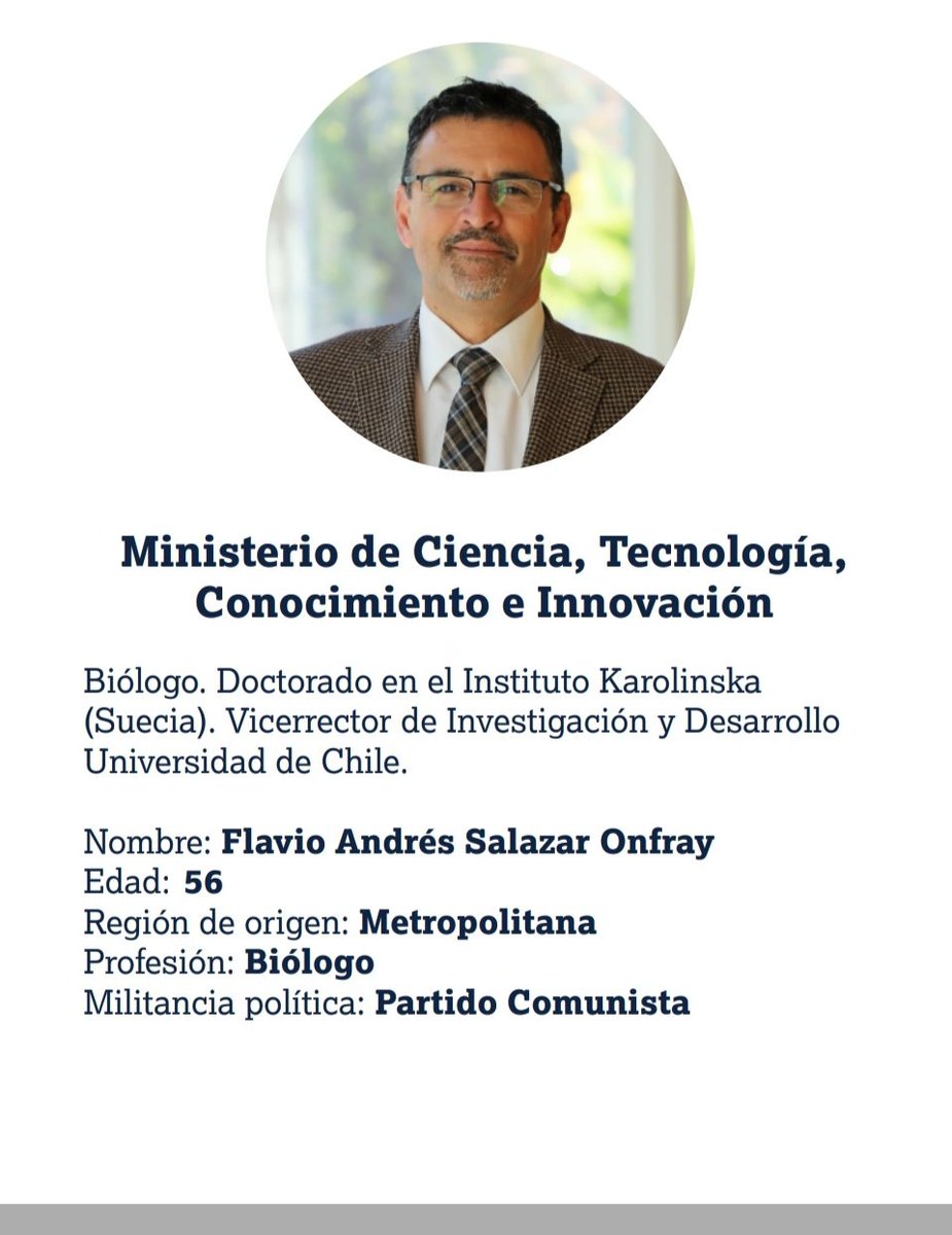 Redes Chilenas (ReCh) (@redeschilenas) on Twitter photo ⚠️Felicitamos al Dr. Flavio Salazar <a href="/DrFSalazar/">Flavio Salazar Onfray</a>, quien asumirá el <a href="/min_ciencia/">Ministerio de Ciencia</a> en el prox. <a href="/GobiernodeChile/">Gobierno de Chile</a> de @gabrielboric.
Esperamos que pueda plasmar las demandas de la investigación concretando el programa de gobierno y quedamos llanos a colaborar para lograrlo ⚠️Felicitamos al Dr. Flavio Salazar <a href="/DrFSalazar/">Flavio Salazar Onfray</a>, quien asumirá el <a href="/min_ciencia/">Ministerio de Ciencia</a> en el prox. <a href="/GobiernodeChile/">Gobierno de Chile</a> de @gabrielboric.
Esperamos que pueda plasmar las demandas de la investigación concretando el programa de gobierno y quedamos llanos a colaborar para lograrlo