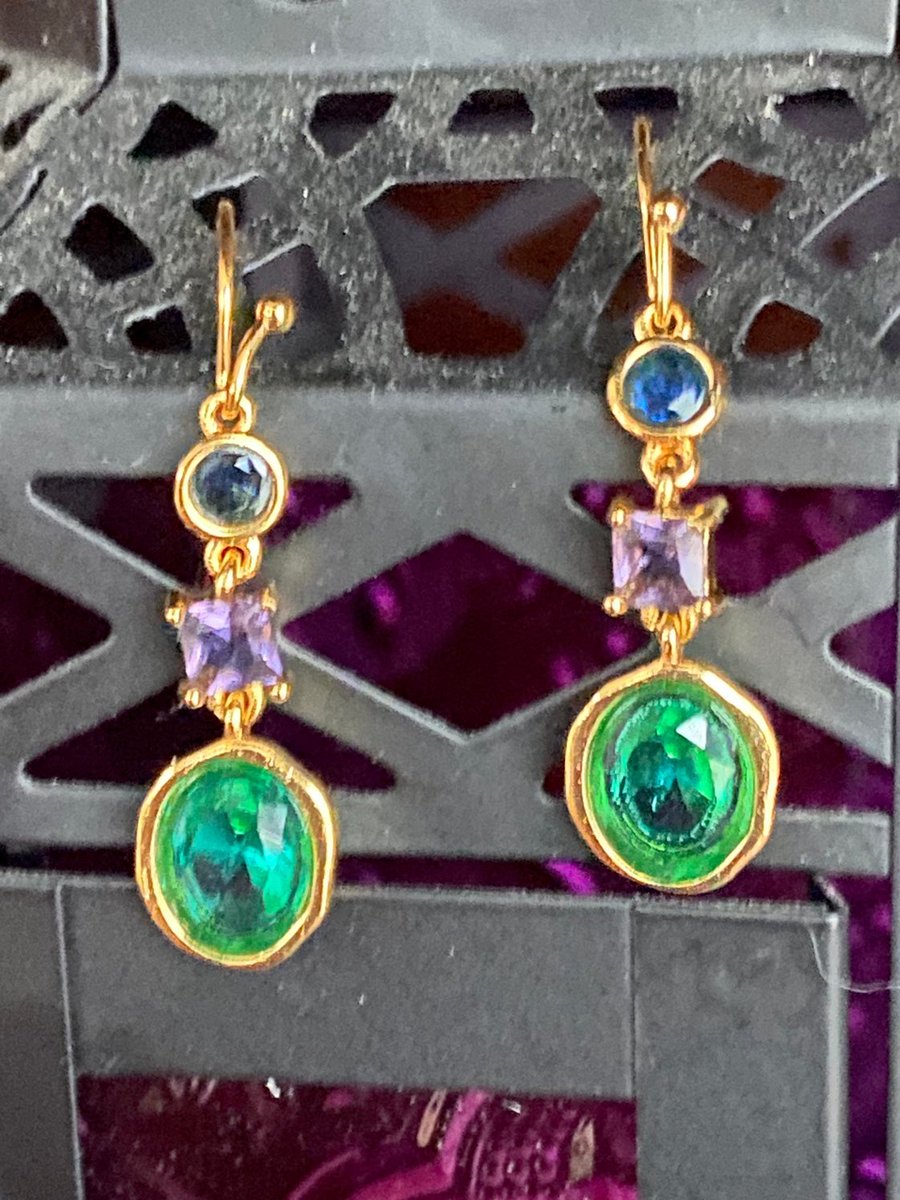 Gold and Crystal Dangle #Earrings in True Green, Purple, and Blue.  #etsy #giftsforher #bestgifts #handmadejewelry #affordablejewelry etsy.me/3GORb5p