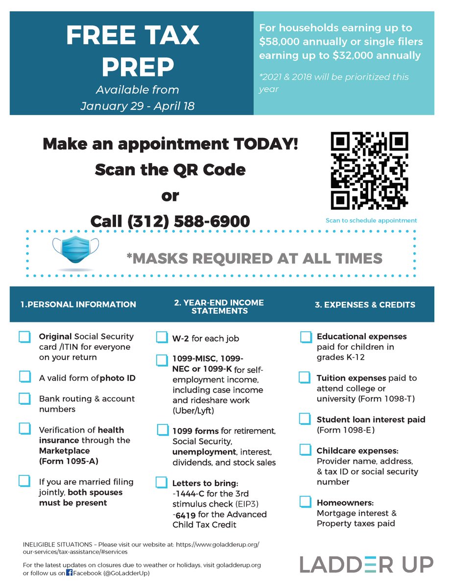 This is your reminder to schedule your free tax prep appointment by calling  (312) 588-6900 and we will look for the nearest tax site to you. Masks are  required at all times