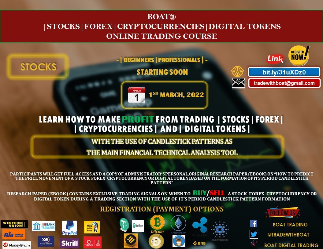 TradeWithBoat's tweet photo. JOIN OUR UPCOMING ONLINE TRADING COURSE AND LEARN HSTOCKSOW TO MAKE PROFIT FROM TRADING , FOREX, CRYPTOCURRENCIES AND DIGITAL TOKENS SORELY WITH THE USE OF CANDLESTICK PATTERNS 
https://t.co/k9YKQxdkay
#cryptocurrencies https://t.co/OoaH14GhMs