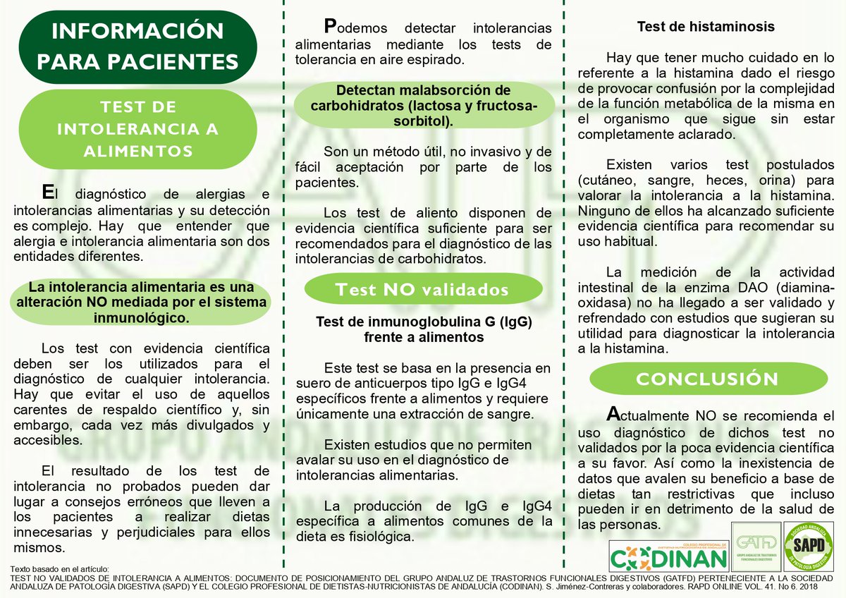 ⚠️Que no te engañen⚠️
En la SAPD, apostamos por una atención médica de calidad👨🏻‍⚕️. Y por ello, desde el #GATFD, os informamos de los test diagnósticos con utilidad y respaldo científico en el estudio de Intolerancias Alimentarias. <a href="/DN_Andalucia/">CODINAN</a> 
Más Info: sapd.es/noticia/587
