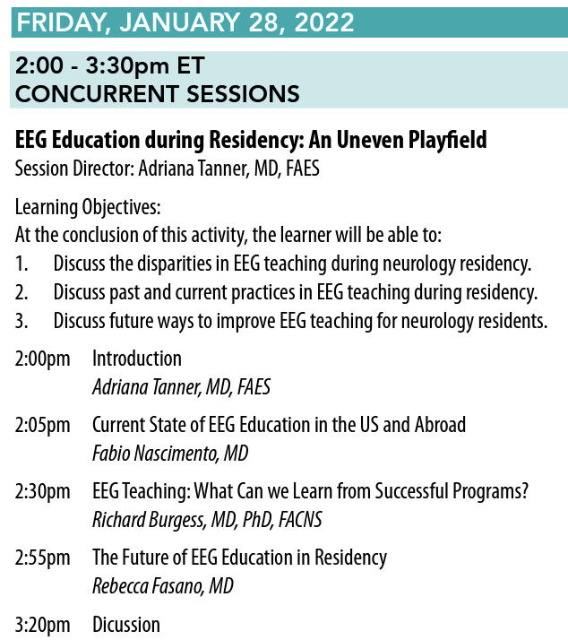 fabnascimen's tweet photo. Come join our discussion re: #EEGEd in residency at this year's @ACNS_org on Jan 28 at 2-330 EST! @AdrianaTanner19 is directing this fab session, and @RebeccaFasanoMD, Dr. Burgess, and I will be talking about the past/present/future of #EEGEd in residency training! @bensalem_owen https://t.co/qim4QoUa9D