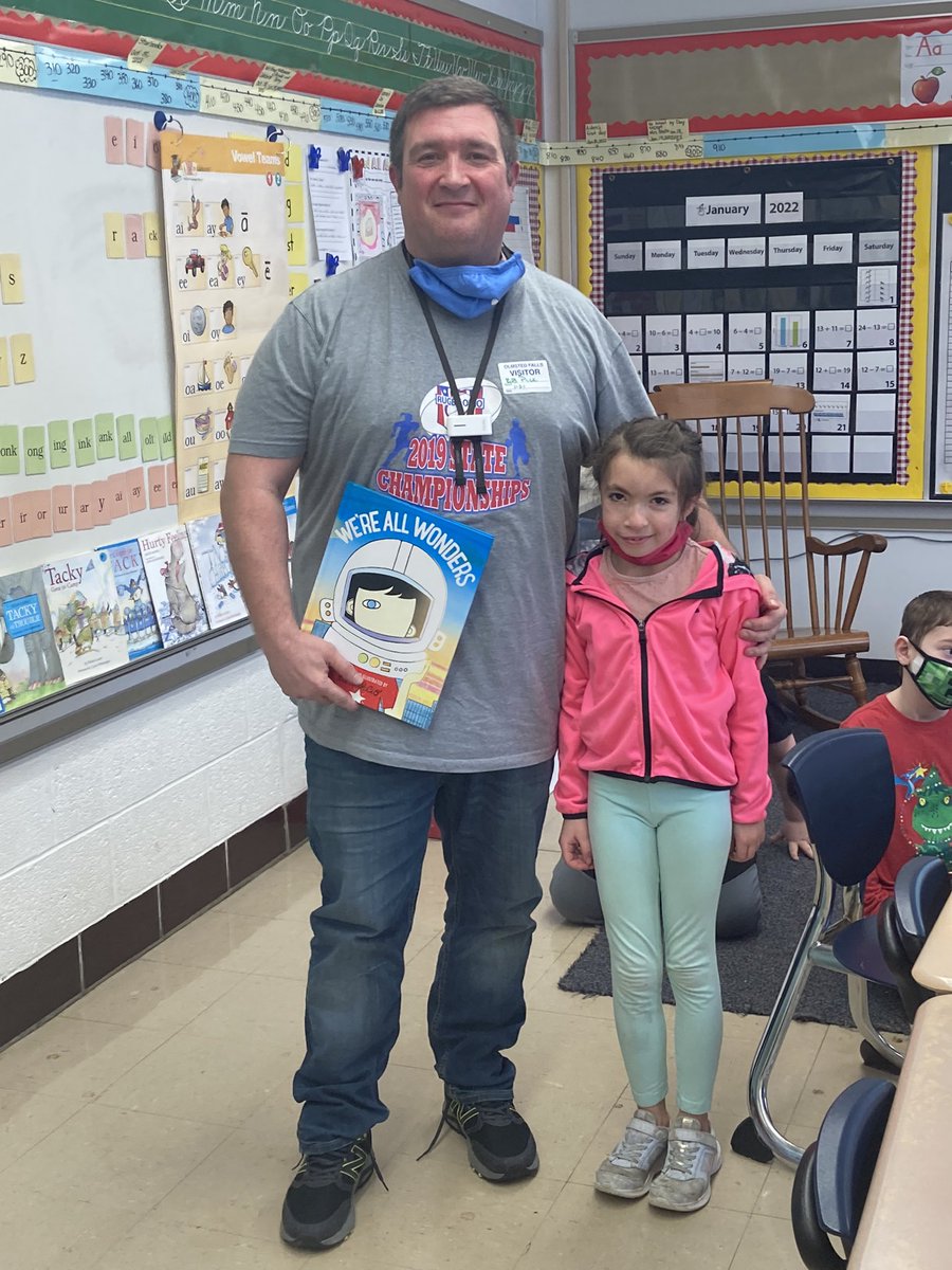 MrsStatz's tweet photo. We were so excited to have @Coachpace82 as our Mystery Reader today! He read a beautiful book called “We’re All Wonders”—a great kick-off to our Celebrating Differences Week which starts on Monday! https://t.co/7CJ6rjxlGF