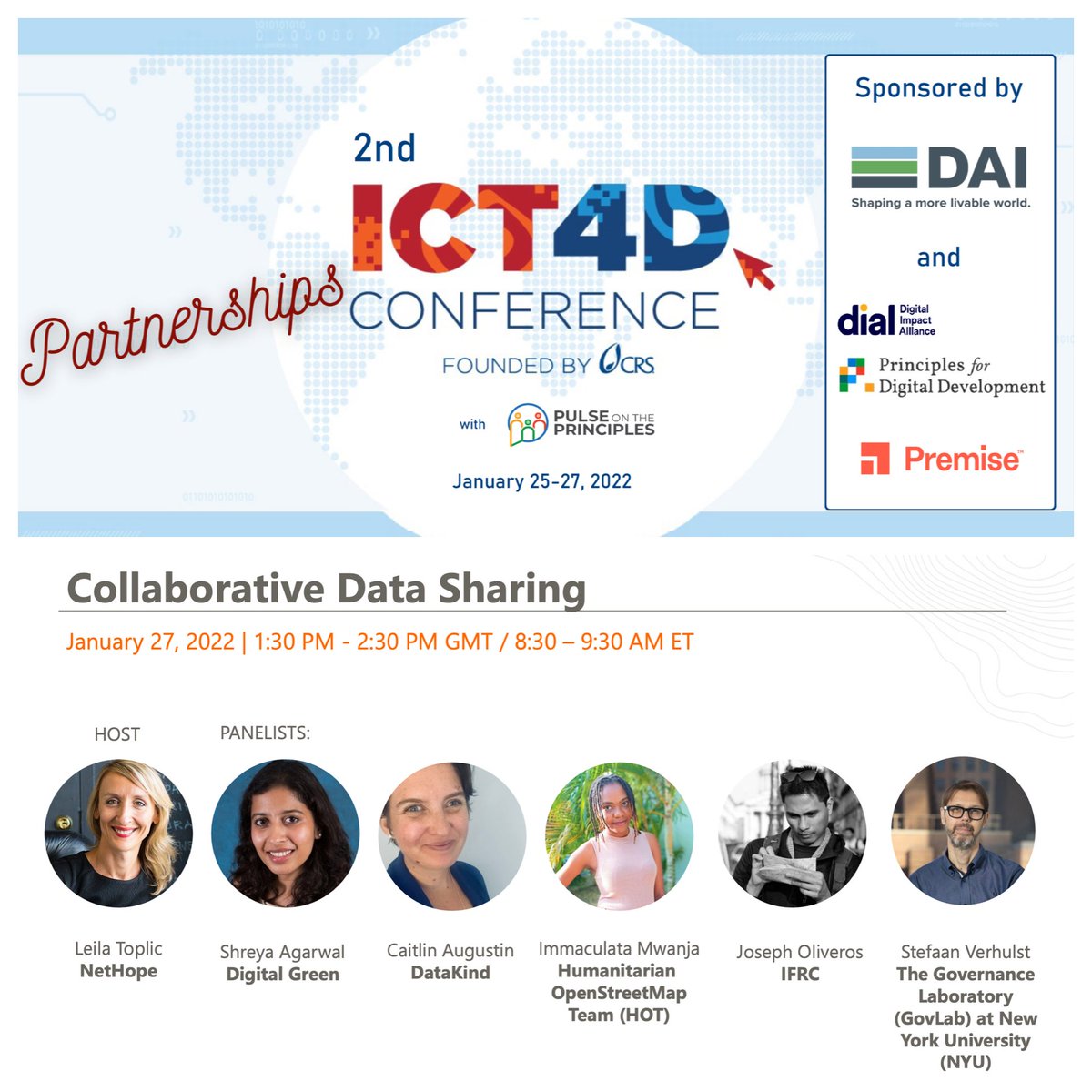 Join us next Thursday at @ICT4DConference for a conversation about  #datasharing. You'll hear about: different forms of data collaborations, advantages and disadvantages of data sharing, and key enablers of responsible and impactful data sharing
#data4good #responsibledata #ict4d