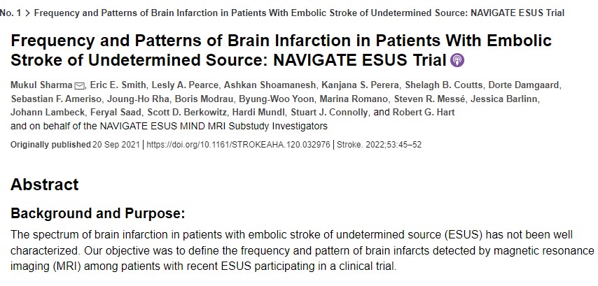 MacDeptMed's tweet photo. PUBLICATION OF THE WEEK: Frequency and Patterns of #BrainInfarction in Patients With Embolic #Stroke of Undetermined Source: NAVIGATE ESUS Trial https://t.co/dKvfYvGgwu #MedEd @McMasterU #BrighterWorld https://t.co/ow6ZRnef3R