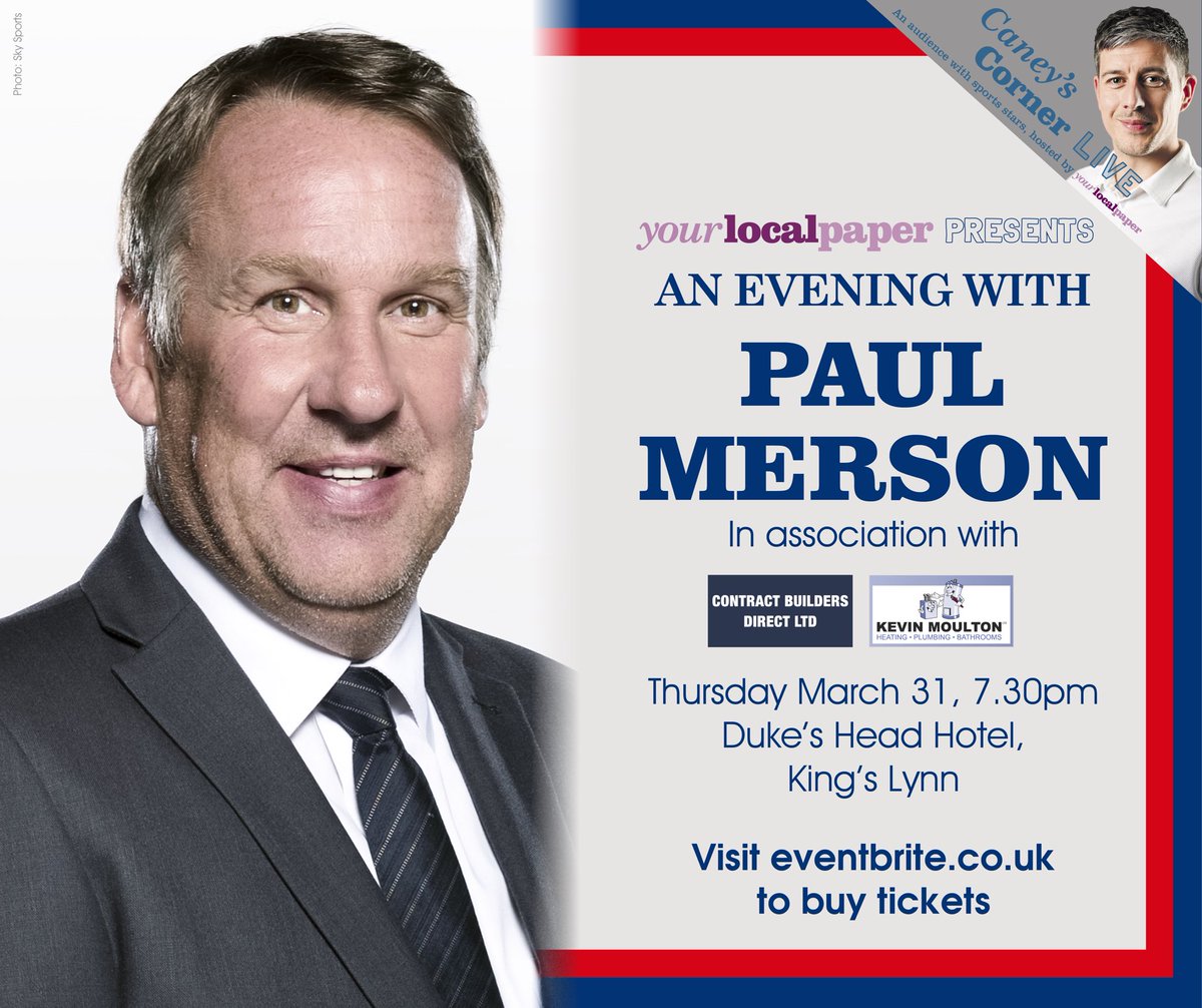YourLocalPaper's tweet photo. We can’t wait to bring Arsenal hero and Sky Sports pundit @PaulMerse to West Norfolk as we reignite our live sporting shows at @DukesHeadKL, in association with Contract Builders Direct &amp; Kevin Moulton Heating &amp; Plumbing Ltd. You can buy tickets here: https://t.co/p83yBgKgpS https://t.co/xWPPdXzLCl