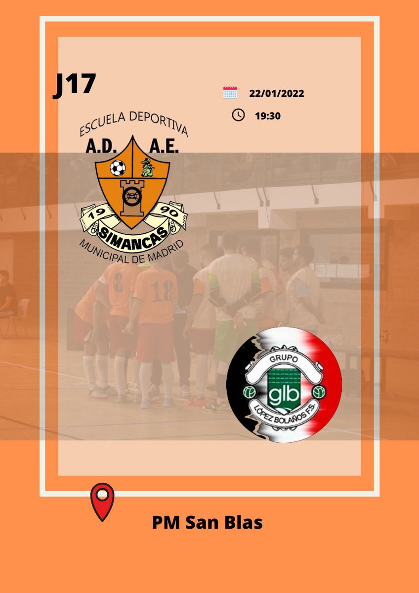 A.D.A.E.SIMANCAS (@adaesimancas) on Twitter photo Jornada 17
En esta ocasión es el equipo de <a href="/grupolopez14/">GrupoLopezBolañosFS</a> el que nos visitará. Un rival de altura que actualmente se encuentra en tercera posición. Venid a las 19:30 a San Blas. ¡Os necesitamos! ¡Vamos ADAE!
<a href="/DynavinEspana/">Dynavin España</a> 
🕧19:30
🏟️PM San Blas
📺m.twitch.tv/adaesimancasfs… Jornada 17
En esta ocasión es el equipo de <a href="/grupolopez14/">GrupoLopezBolañosFS</a> el que nos visitará. Un rival de altura que actualmente se encuentra en tercera posición. Venid a las 19:30 a San Blas. ¡Os necesitamos! ¡Vamos ADAE!
<a href="/DynavinEspana/">Dynavin España</a> 
🕧19:30
🏟️PM San Blas
📺m.twitch.tv/adaesimancasfs…