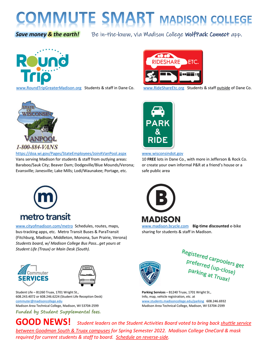 WolfPackConnect's tweet photo. Still looking for better ways to get to @MadisonCollege campuses and around Madison? Here are some answers! 🚗🚌 https://t.co/NkupGAH9ax