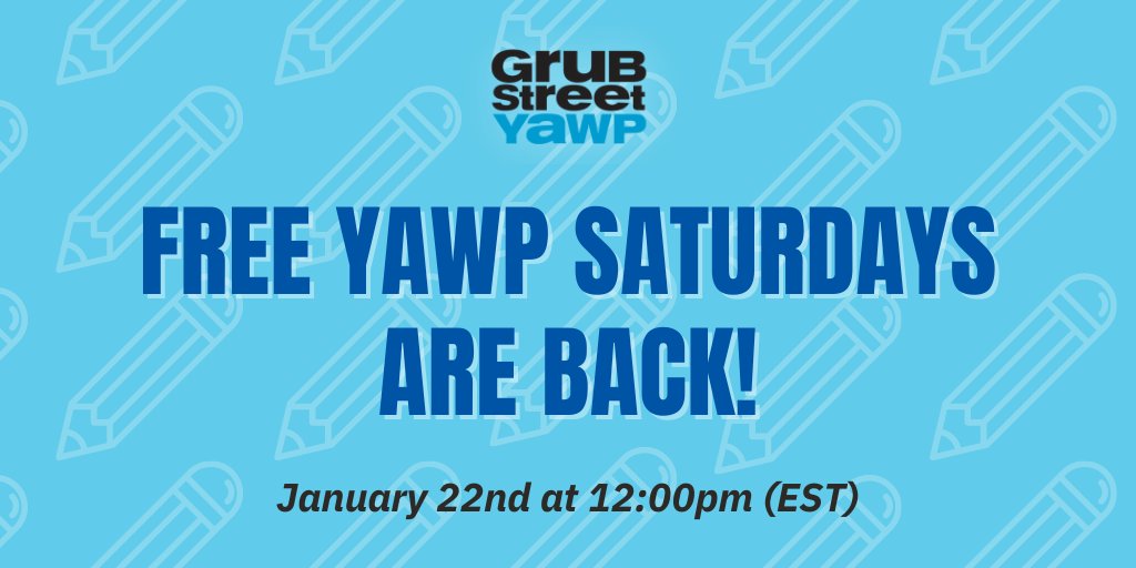 GrubWriters's tweet image. Join us for our first YAWP Saturday of 2022! We're offering three different free #writingsessions for #teenwriters this Saturday at noon (EST). Taking place virtually! RSVP here: ow.ly/7cei50HA2mr