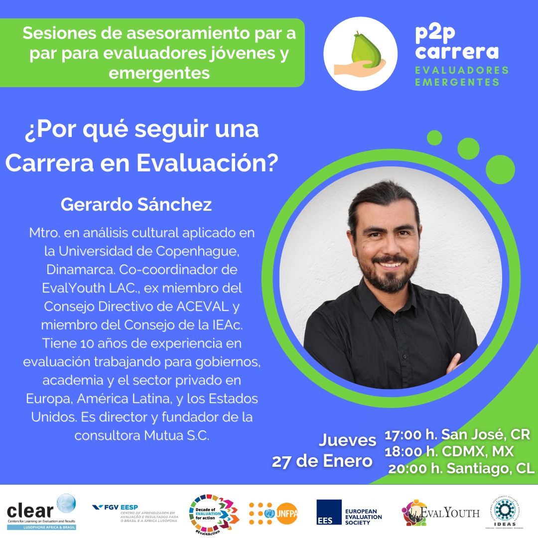 📢Querida comunidad #P2pEsp ¡La primera sesión del año en orientación profesional entre pares en M&amp;E ya está lista! 
Esta ocasión nos acompañará Gerardo Sánchez de  <a href="/evalyouth_lac/">EvalYouth LAC</a>, ¡No se la pierdan!
📅Jueves 27 de enero
⏰18hrs (CDMX)
📍Registro: lnkd.in/eUH2U2_k