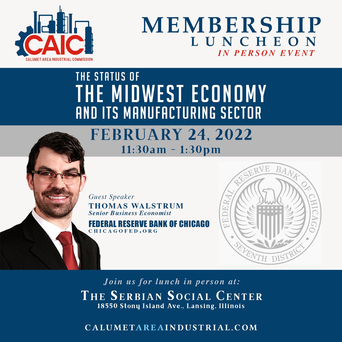 Upcoming Membership Luncheon Thursday, February 24th at 11:30 a.m. Presentation by Thomas Walstrum, Senior Business Economist at the Federal Reserve Bank of Chicago.

Click here to register: lnkd.in/gptcfvu
Click here to learn more: lnkd.in/ee4QSh3f