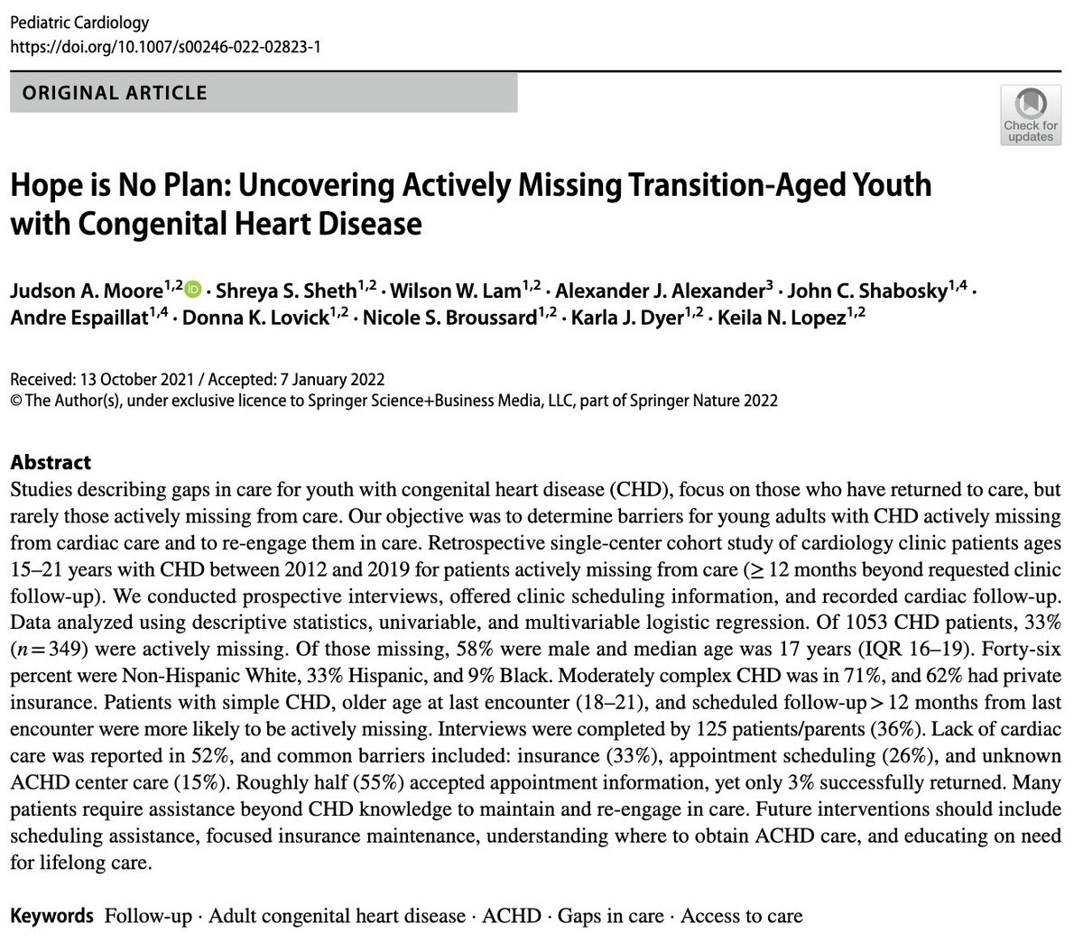 Excited to share our work on understanding why transition aged #CHD pts are actively missing from care and how more resources are needed to get them back into care WHILE they are lost to follow up

trebuchet.public.springernature.app/get_content/33…

<a href="/TCHheartcenter/">TCH Heart Center</a> <a href="/sasha_opo/">Alexander (Sasha) Opotowsky</a> <a href="/drwaynefranklin/">Wayne J. Franklin MD</a> <a href="/mgurvitzmd/">Michelle Gurvitz</a>