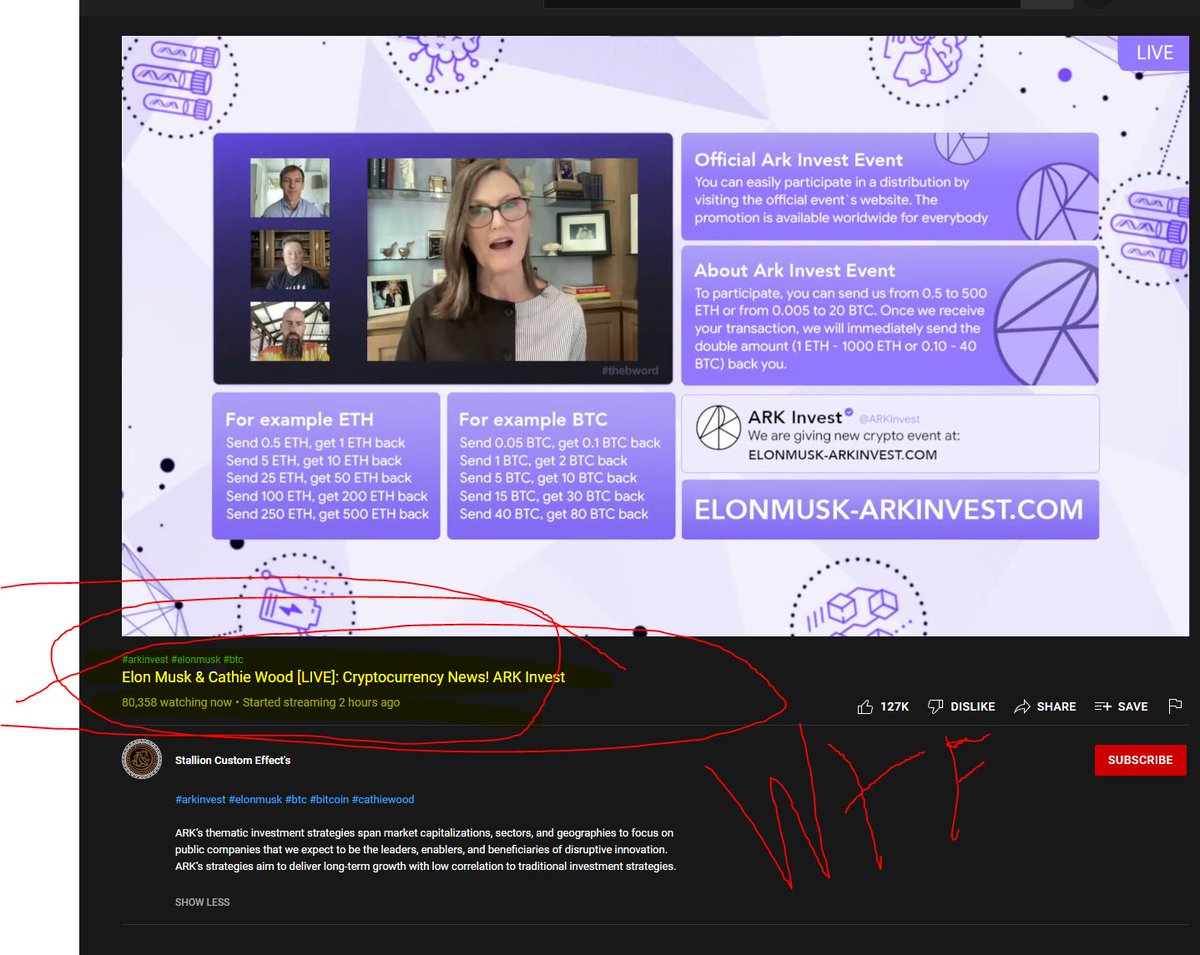 BitsBeTrippin's tweet photo. Hey @YouTube @YouTubeCreators you have a massive scam going #live right now ; your about to be flooded with support tickets... SHUT THAT SH*T down ...80k live!? #bitcoin #btc #cryptocurrency ; everyone reshare this to get visibility before a bunch of newbs get wrecked https://t.co/xfIrFmwXCH