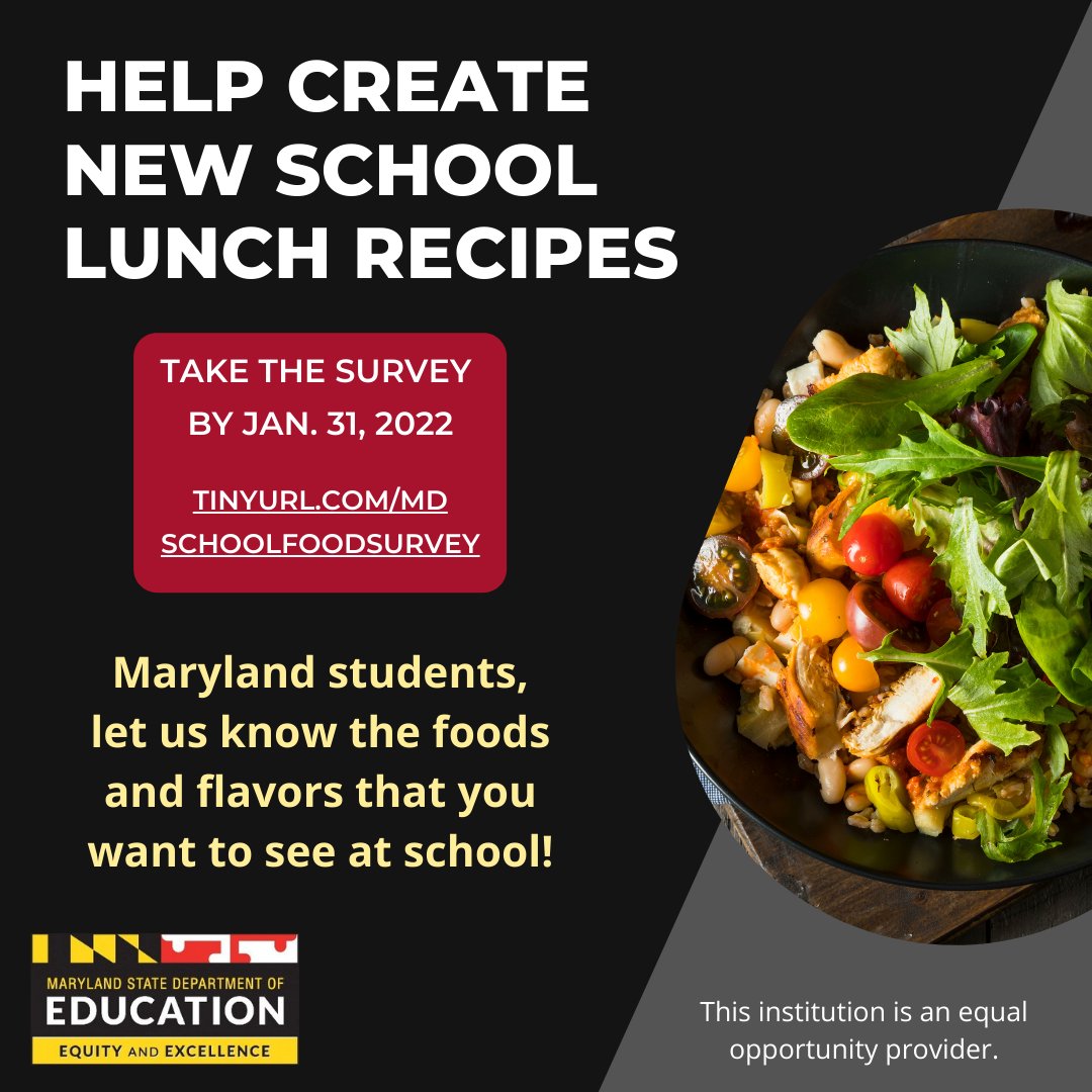 Sara4Wellness's tweet photo. Maryland students, parents, and school staff: Help create new school recipes! Let us know the foods &amp; flavors you want to see in school meals. Take the survey today: https://t.co/2ahGP11124
* Please share w/K-12 students in Maryland! https://t.co/JnBIoAPel2