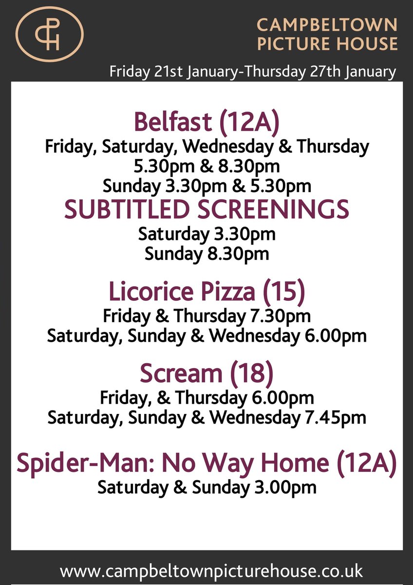 This coming weeks Movies at @CTPictureHouse Friday 21st -Thursday 27th January 2022.