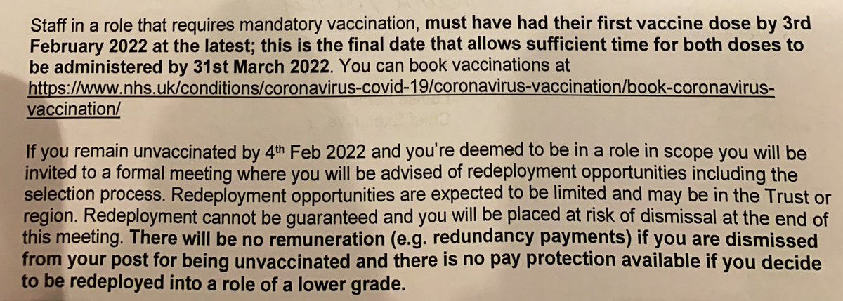 DrJennyVaughan's tweet photo. Anyone in #HMG checked that hospital trusts sending out these letters have enough staff to keep patients safe once they’ve had to dismiss if they can’t redeploy (without pay)? 

I support vaccination but we already have thousands of #NHS staff vacancies. Please RT if you agree. https://t.co/BLWDHKWA40