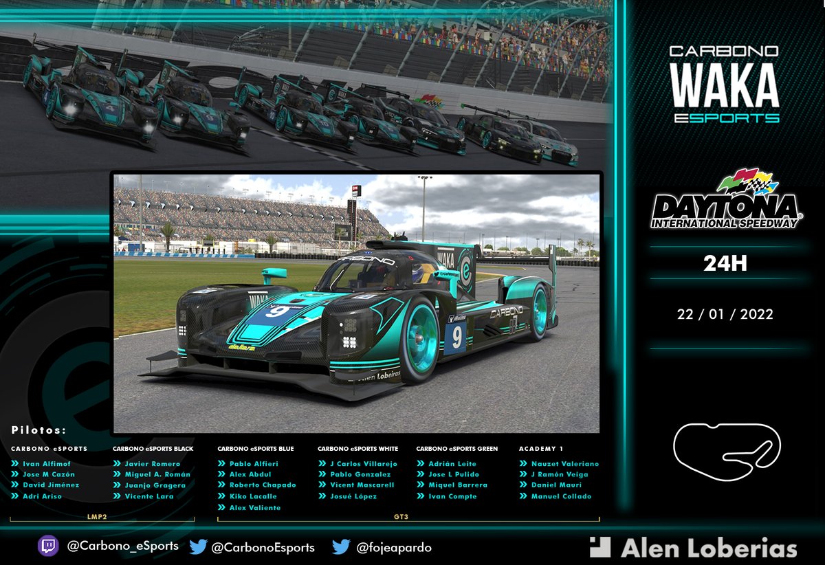 Carbono eSports (@carbonoesports) on Twitter photo Despues del error de fecha ahora si.
Presentación Oficial de los 6 equipos que disputaran este este año las 24h de Daytona‼️
25 pilotos de nuestro equipo, 8 de ellos con LMP2 y 17 con Gt3.
Sera una carrera larga pero #somoscarbono
<a href="/wakasolutions/">Waka Solutions</a> | <a href="/alenlobeiras/">Alen Lobeiras</a> | <a href="/fojeapardo/">Francisco Javier Ojea Pardo</a> Despues del error de fecha ahora si.
Presentación Oficial de los 6 equipos que disputaran este este año las 24h de Daytona‼️
25 pilotos de nuestro equipo, 8 de ellos con LMP2 y 17 con Gt3.
Sera una carrera larga pero #somoscarbono
<a href="/wakasolutions/">Waka Solutions</a> | <a href="/alenlobeiras/">Alen Lobeiras</a> | <a href="/fojeapardo/">Francisco Javier Ojea Pardo</a>