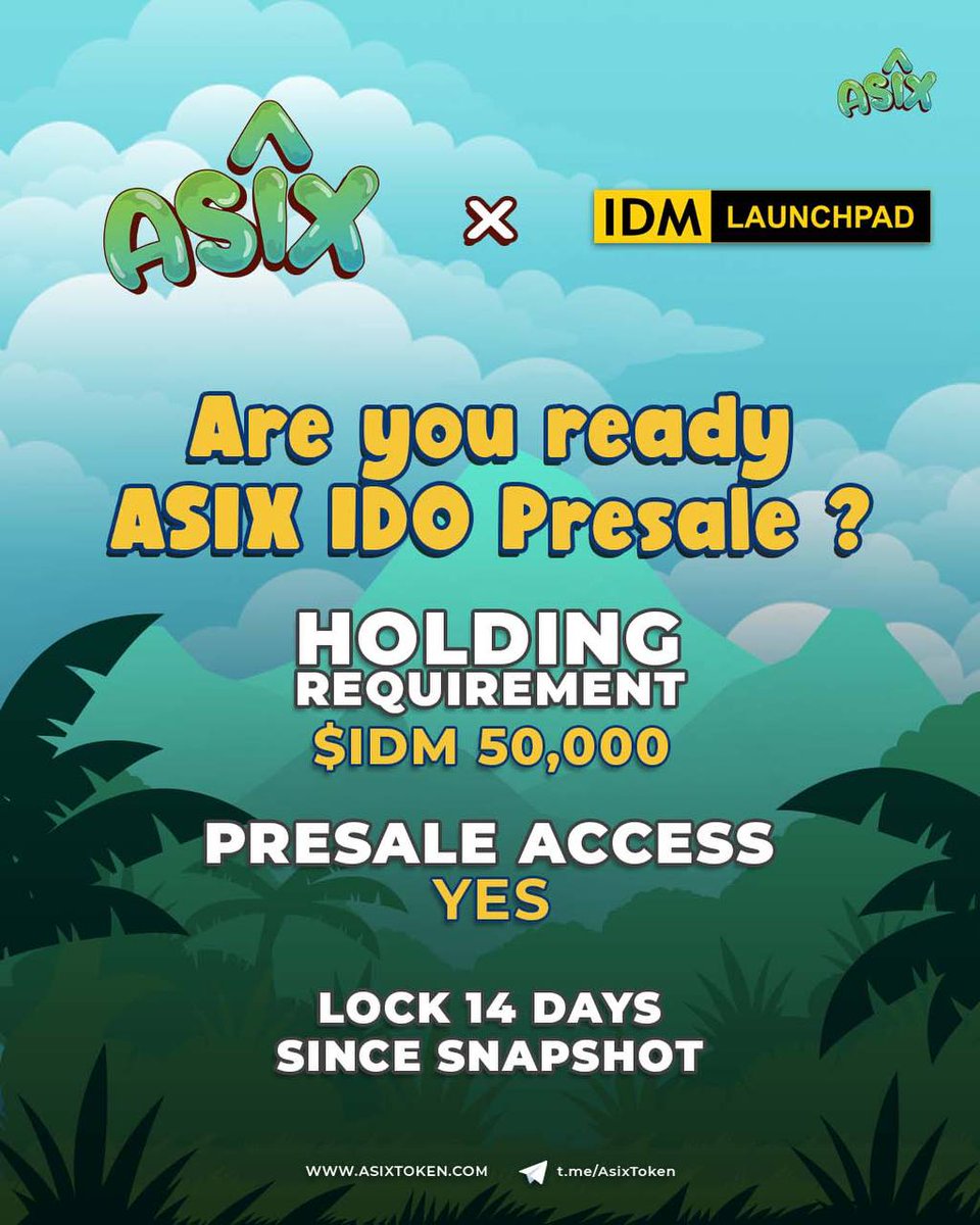 AsixPlusNFT's tweet image. Are you ready for ASIX IDO Presale❔

IDM Launchpad Tier System
• Holding requirement $IDM 50,000
• Presale access ( YES )
• Locked 14 days since snapshot

- Locking &amp;amp; View Pool Below -
launchpad.idmcoop.com