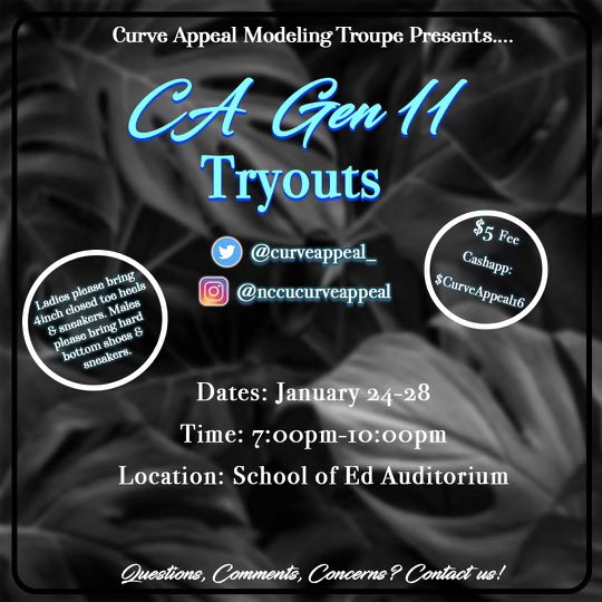 CurveAppeal_'s tweet photo. Spring tryout are on the way! $5 application fee is a must! ✨

💙Jan. 24-28 
💙7pm-10pm
💙School of Ed Auditorium 
💙Please bring sneakers, heels, &amp; for males hard bottoms.

 #nccu #nccu22 #nccu23 #nccu24 #nccu25 https://t.co/4NSpiLEf6C