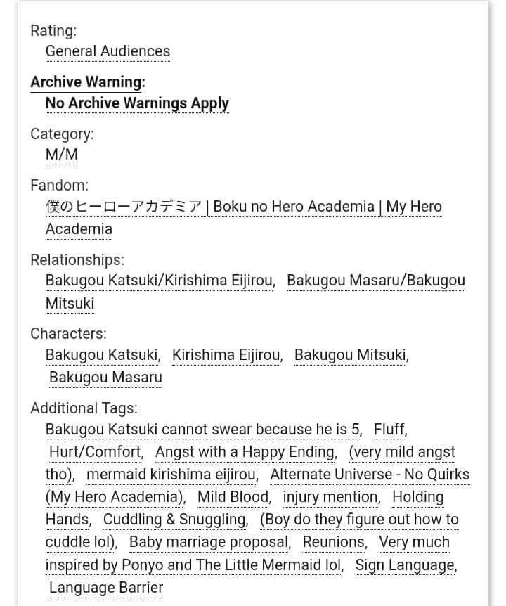 *shows up 2 and a half weeks late*
Well, here’s my fic for <a href="/lionheartzine/">Lionheart: A KiriBaku Fanfic Anthology🔸️CLOSED</a> !
Thank you mods for letting me be a part of this! I’m still surprised I was let on AND got to write a mermaid au. If you like a Ponyo, you’ll probably like it lol.
#kiribaku #krbk

archiveofourown.org/works/36533449