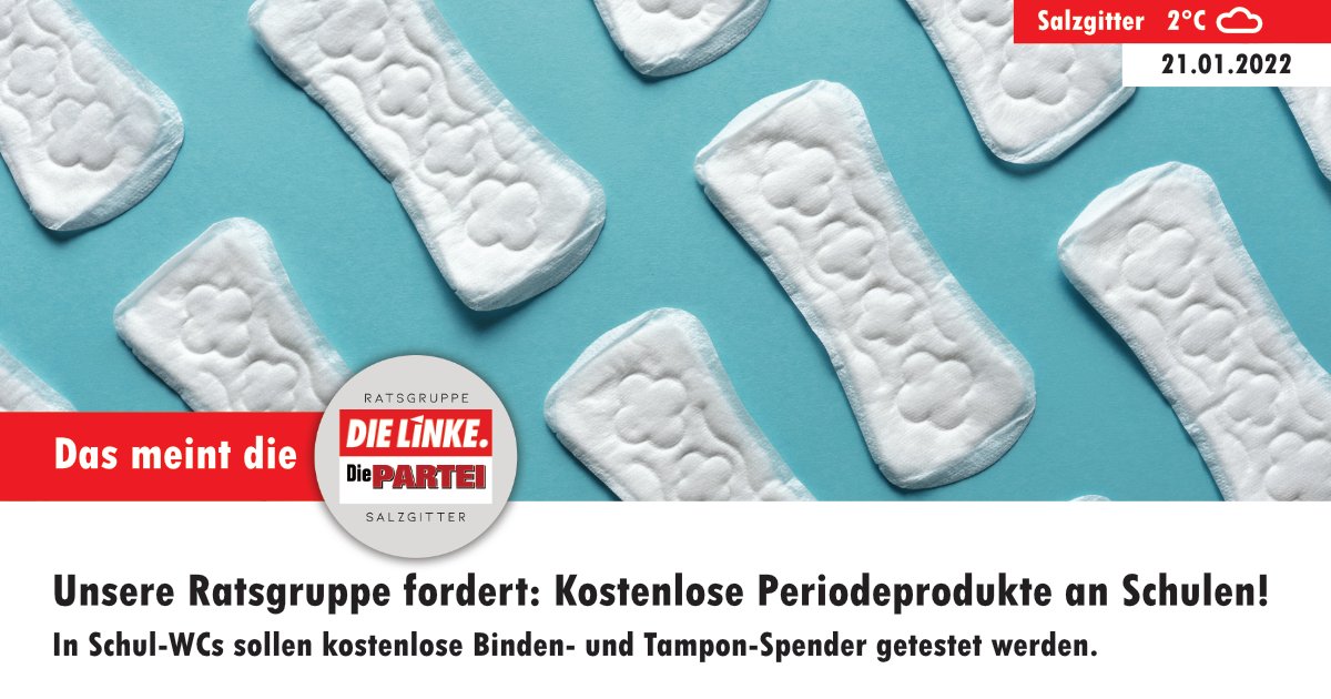 Vorraussichtlich am 02.02.2022 wird der Rat entscheiden ob es in Zukunft kostenlose  Periodeprodukte an den Schulen in Salzgitter gibt. Das Pilotprojekt soll ein Jahr dauern.
