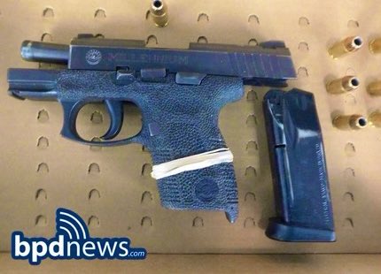 BostonPatrolmen's tweet photo. Proving once again you can run but not hide, BPD Officers arrest gun-toting suspect who refused to stop for @MassStatePolice the day previous. More great police work. Another gun taken off the streets. A city made safer. #ThanksBPD https://t.co/Ed14Gsb2TM