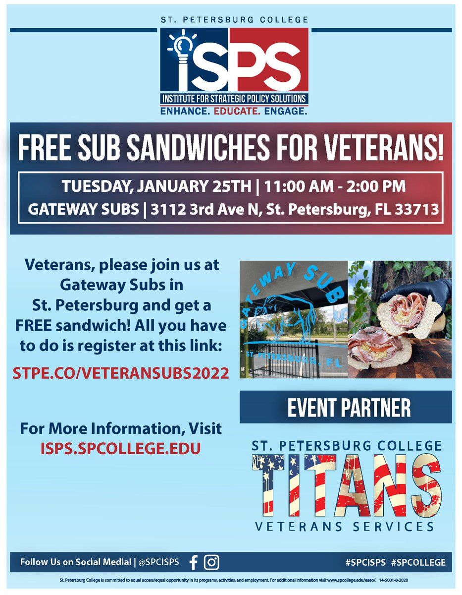 sam_j100's tweet photo. Free subs for veterans! Stop by Gateway Subs anytime from 11am-2pm on January 25th to grab a sub sandwich if you’re a veteran (or share with any veterans you know)

Register to help us help the shop prepare the food: https://t.co/iuUvdaK6Da https://t.co/NpMw6Pz3XH