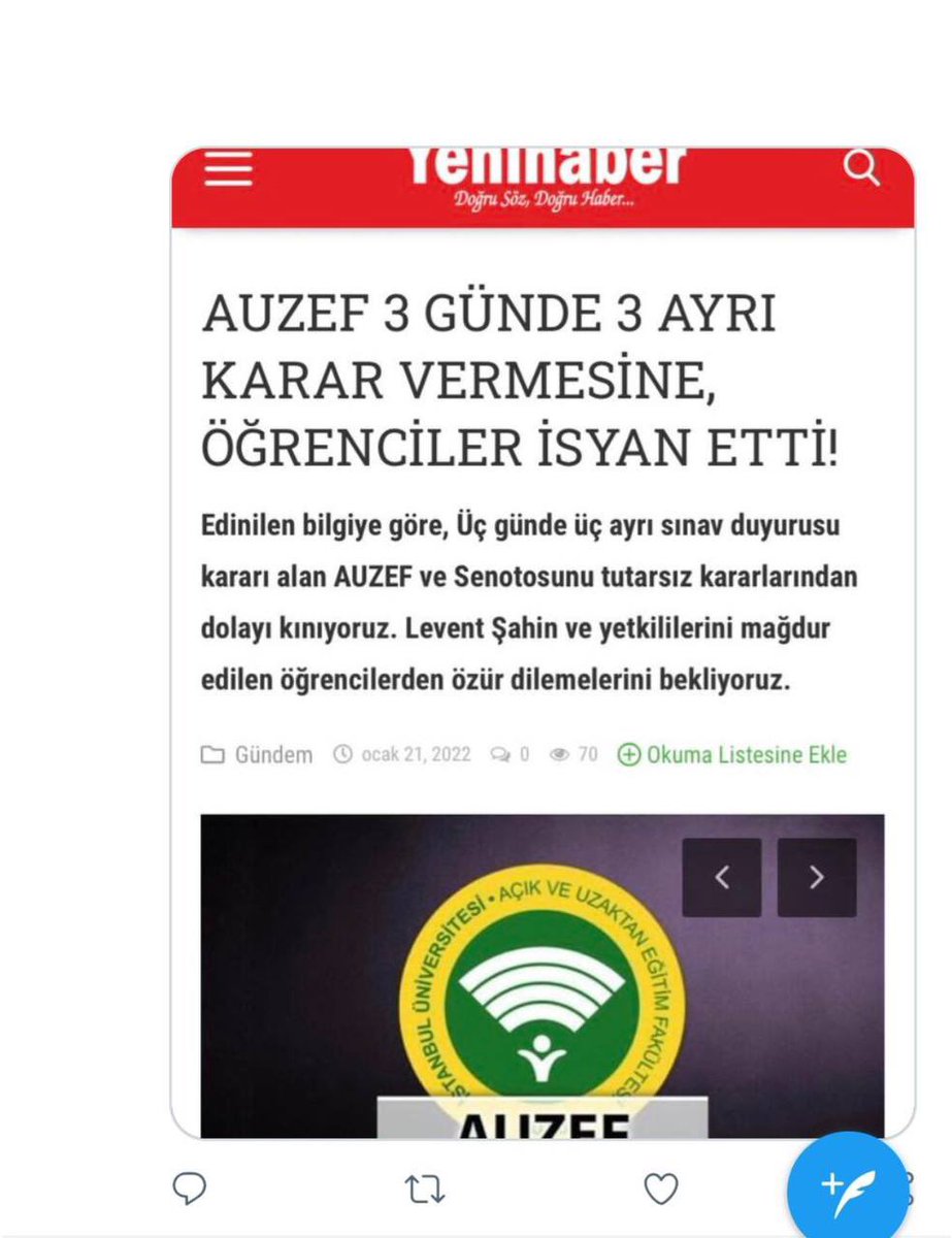 #auzefpismanlıktır
<a href="/LeventSAHIN_IU/">Levent ŞAHİN, Prof. Dr.</a> 
<a href="/acikveuzaktan/">İstanbul Üniversitesi AUZEF</a> 
Gözünüz Aydın gazete manşetlerinizdesiniz ünlü oldunuz