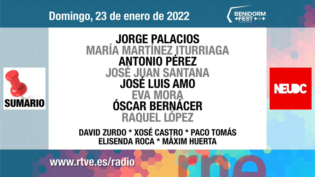 ⭕ DOMINGO, 23/01/22 

📡 Desde el salón de actos del <a href="/BenidormAyto/">Benidorm</a>.
 
INVITADOS | 👥 

🔭#JorgePalacios  
☕<a href="/mariamiturriaga/">Maria M. Iturriaga</a> (<a href="/berkleevalencia/">Berklee in Valencia</a>) 
🎙#AntonioPérez, alcalde
👅<a href="/OGAESpain/">OGAE SPAIN</a>   
🎤<a href="/AEVeurovision/">AEV España</a> 
🎤<a href="/evamora_tve/">Eva Mora</a> (<a href="/eurovision_tve/">Eurovisión España - RTVE 🇪🇸</a>)
📽@oscarbernacer 
🗒#RaquelLópez