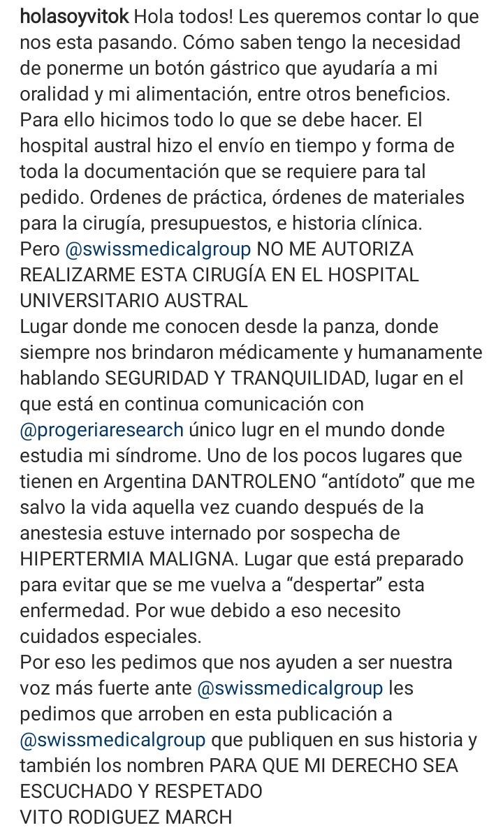 Ayudemos a Vito, el hijo de Pato Rodríguez. Necesita ponerse un botón gástrico que lo ayudaría muchísimo, pero <a href="/SwissMedicalG/">Swiss Medical</a> no autoriza que se la realicen en el Hospital Universitario Austral. 

Hay que mencionarlos para conseguir que lo hagan, por favor 🙏