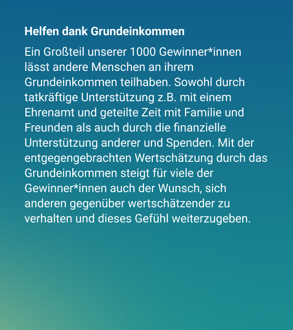 Die #Grundeinkommen unserer Gewinner*innen kommen selten nur ihnen zu Gute. Auch Menschen um sie herum profitieren vom Geld, aber auch vom Grundeinkommensgefühl.

Mehr dazu kannst du hier lesen: bit.ly/3qMUggz