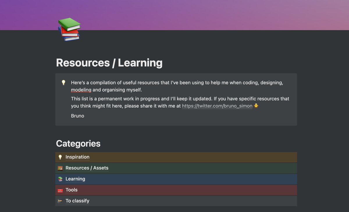 I’ve been gathering a lot of resources during those past years like tutorials, articles, tools, resources and inspiration sources.

Today, I organised it a bit on Notion and I decided to share it with you 
👉 brunosimon.notion.site/Resources-Lear…