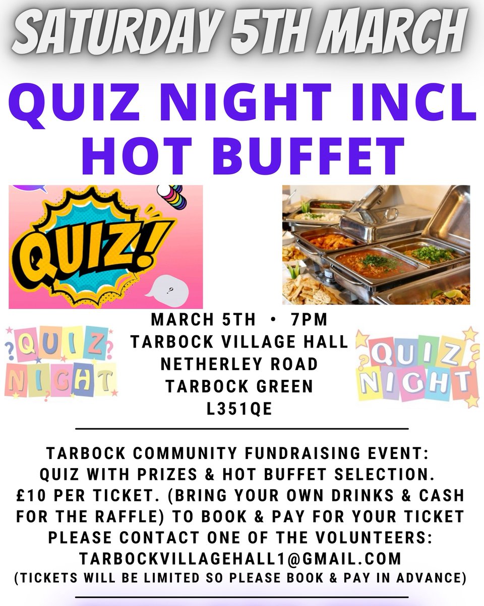 tarbockvilhall's tweet photo. PayPal ticket money to tarbockvillagehall1@gmail.com 

Local neighbours to the village hall who all work full time have been volunteering evenings and weekends of their time to help run the village hall and put on events such as these to bring the community together. #support https://t.co/sqRPLZzkNT