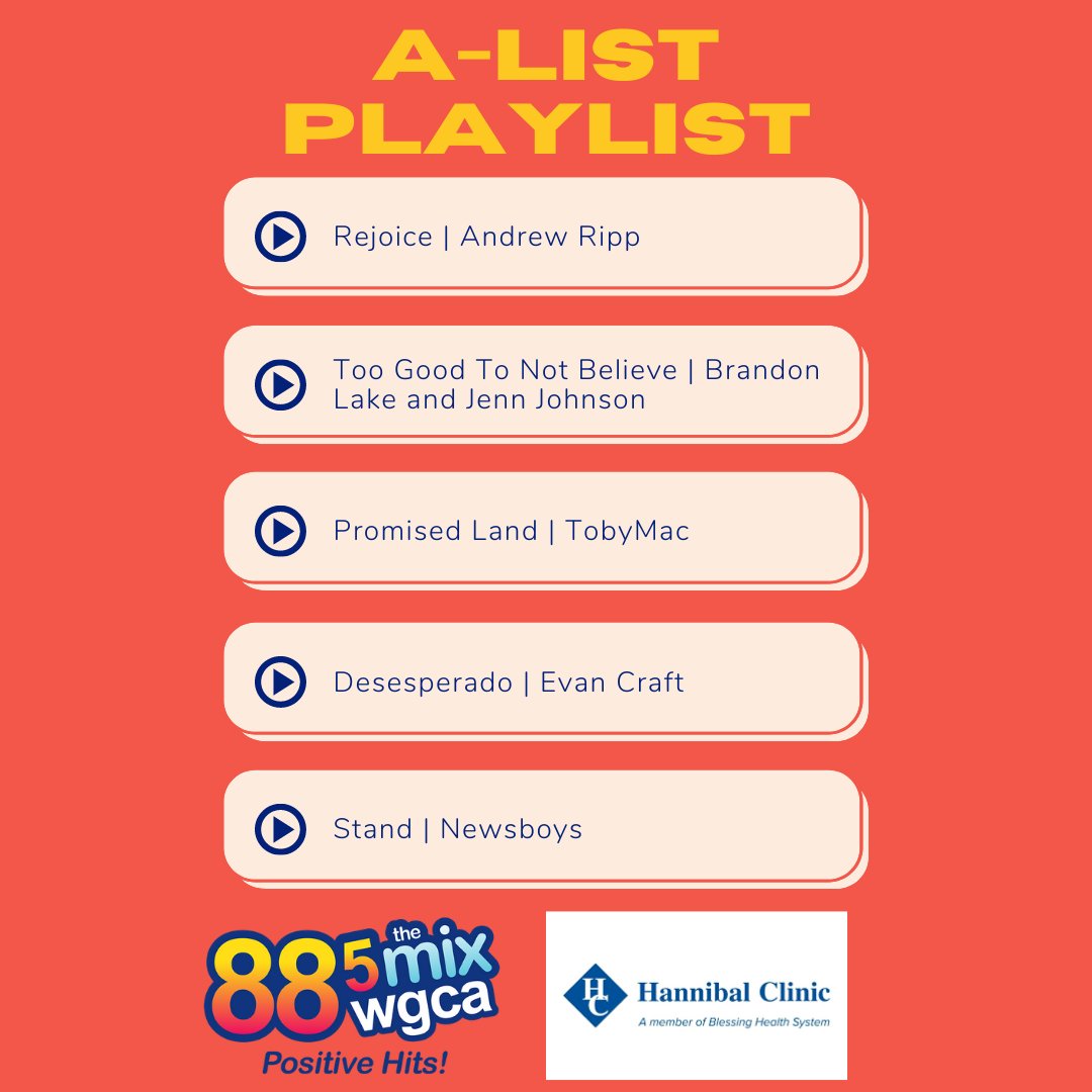 Jenny is in the midday today to jumpstart your weekend with the A-List Playlist sponsored by Hannibal Clinic! Tune into The Mix at noon to hear some of the top hits in The Mix!
#AListPlaylist #WGCATheMix #PositiveHits https://t.co/QigPjuOH8m