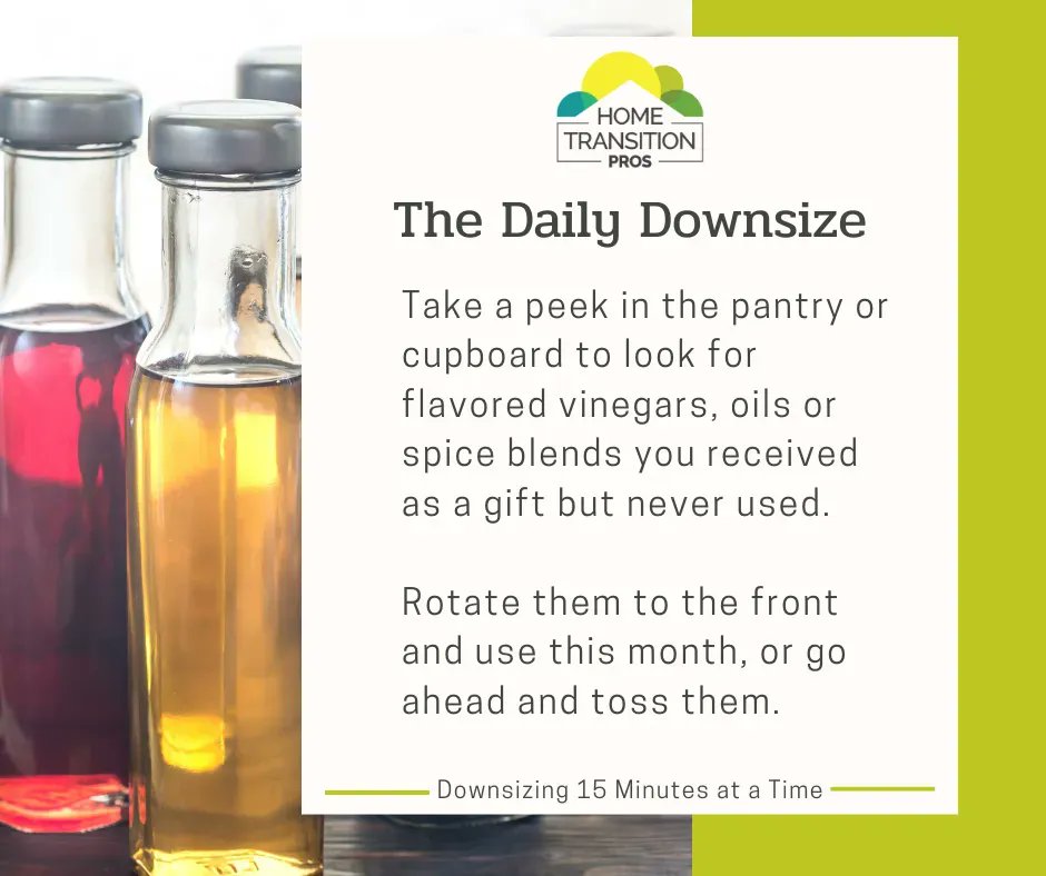 Daily_Downsize's tweet image. Take a peek in the pantry to look for flavored vinegars, oils or spice blends you received as a gift but never used. Rotate them to the front and use this month, or go ahead and toss them.

#KitchenDeclutter #PantryOrganizing #Spices #Oils #Vinegars #DailyDownsize #DownsizingTips