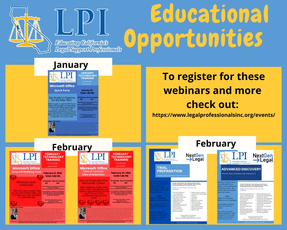 EDUCATIONAL OPPORTUNITIES!  Please visit our events page for more details. legalprofessionalsinc.org/events/
#legalprofessionalsinc #paralegal #attorney #legalsecretaries #continuingeducation #californialaw