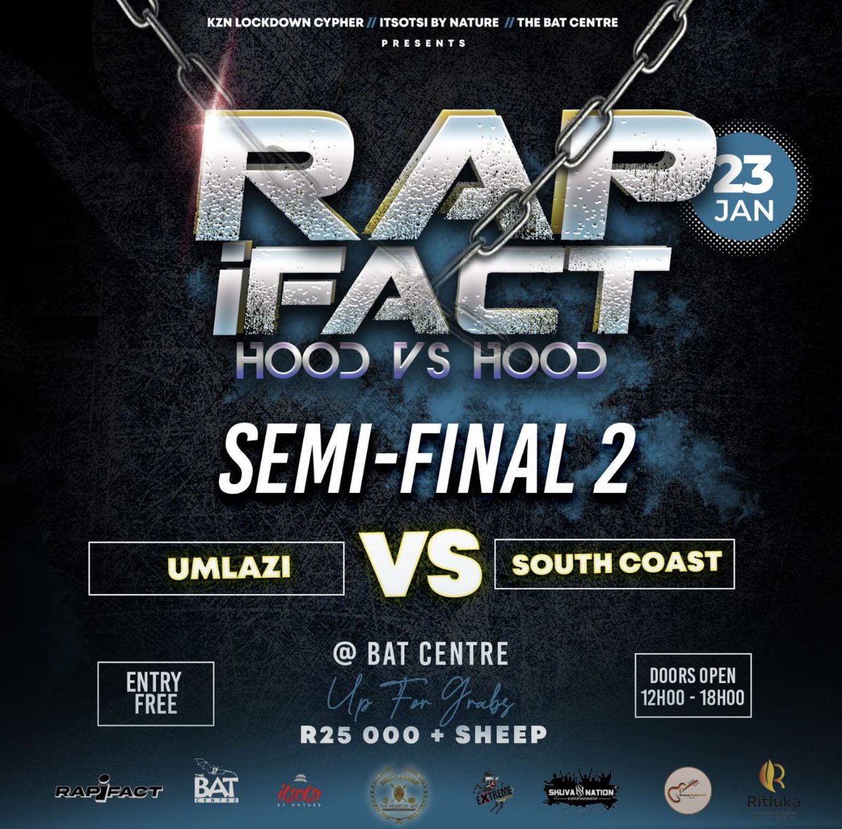 KhumzOfficial's tweet photo. This SUNDAY #RAPiFact
#HoodVsHood
Come Witness HipHop At itβs Best at The Bat Centre in Durban.
Goin Hard for #TeamUmlazi π¨π¨π¨π¨πππ§± @Musiholiq_Nuz
@ZakweSA https://t.co/j5VXMefMVl