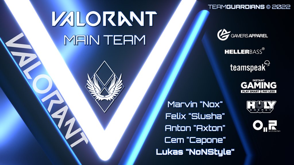 We are happy to (finally) welcome a new Team to our Organisation:
Say Hello to our VALORANT MAIN TEAM!

Welcome to all new players!

🇩🇪 @NoNStyle_VT
🇩🇪 <a href="/NoXisLOW/">NoX</a>
🇩🇪 <a href="/Caponeex/">Al Capone</a>
🇩🇪 @AxtonFnbr
🇩🇪 Slusha

GL and HF for the upcoming <a href="/projectvgg/">PROJECT V</a>!

#guardax #teamguardians #valorant