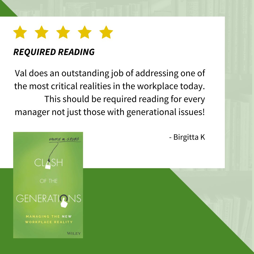 ValGrubb's tweet photo. Praise for my book Clash of The Generations: Managing the New Workplace Reality. Read it yourself and let me know what YOU think! Find it at the link in my bio!

#businessbooks #leadershipbooks #management #HR #wileybooks https://t.co/1R8aSC3P7x