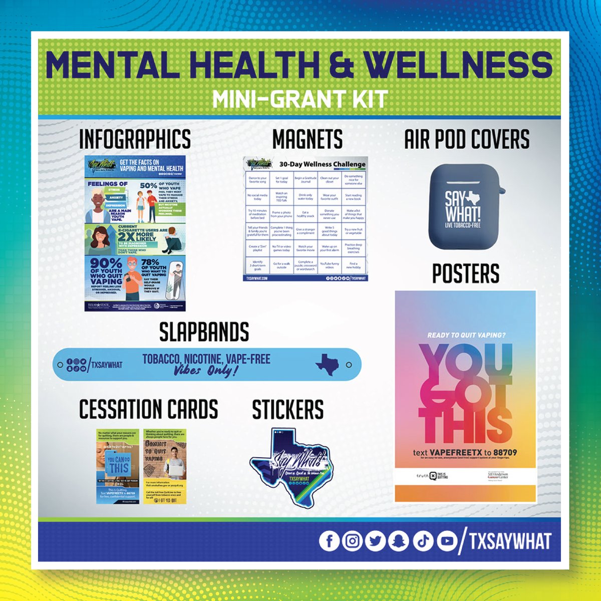 TxSayWhat's tweet photo. To help registered Say What! members take a stand against Big Tobacco, Say What! has created three new mini-grant kits that will help you make an impact in your school or community! Visit our Mini-Grant Kit webpage to learn about each kit and request a kit! #majorKEY #linkinbio https://t.co/6giYslmtzb