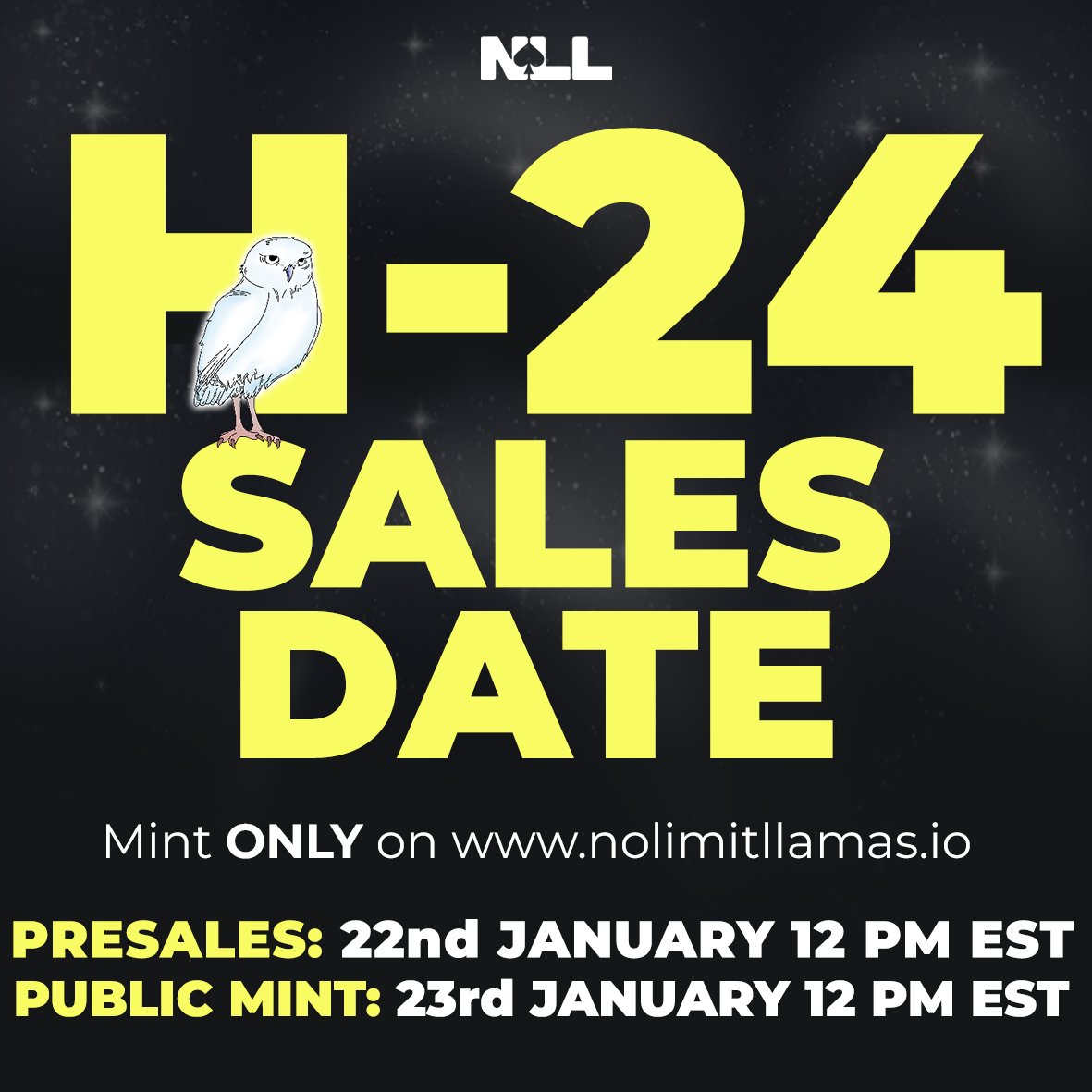 ⏰H-24⏰

1⃣Presales: 22nd January, 12pm EST
Price: 0.1 ETH

2⃣Public Mint: 23rd January, 12pm EST
Price: 0.15 ETH

nolimitllamas.io 

#nolimitllamas #NFT #NFTcommunitiy #poker #pokeronline #discordcommunity