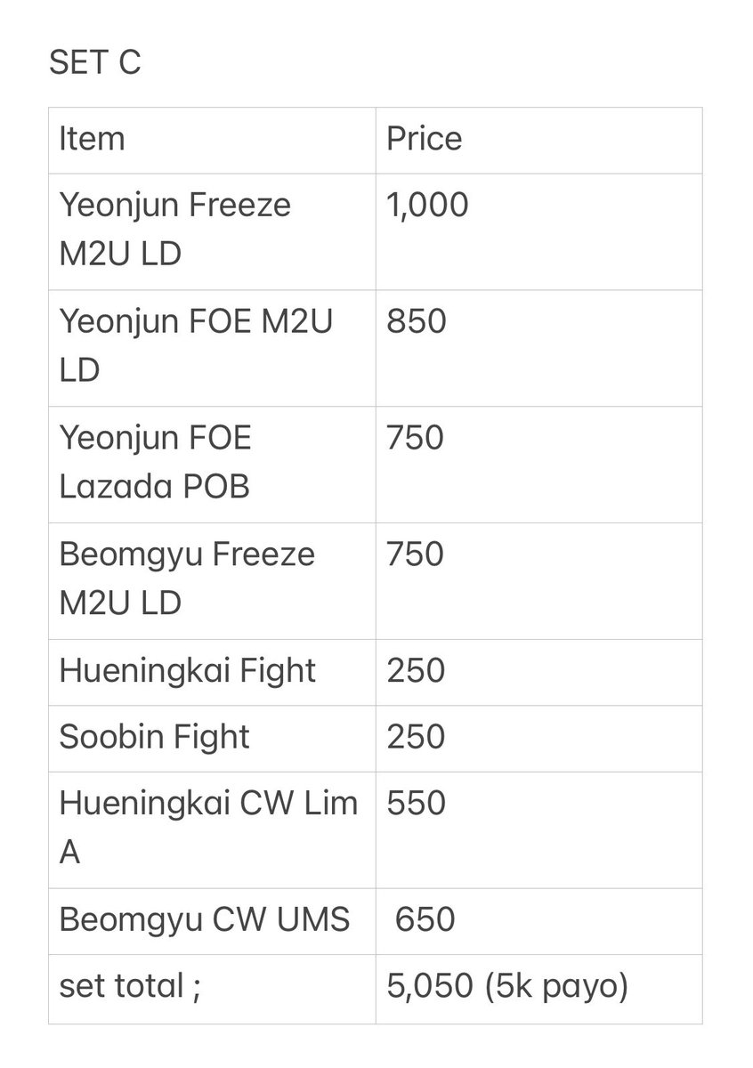 wtyeonbin's tweet image. hello ! here are the final sets that I will lapag tomorrow ! &amp;gt;&amp;lt; I tweaked the sets and adjusted the prices po since some are bought for a steal fries (sf lang po nagpabigat) ! Lapag would be tomorrow @ 7 pm 

code : “mine set (letter) dop/payo”

— payo not prio !