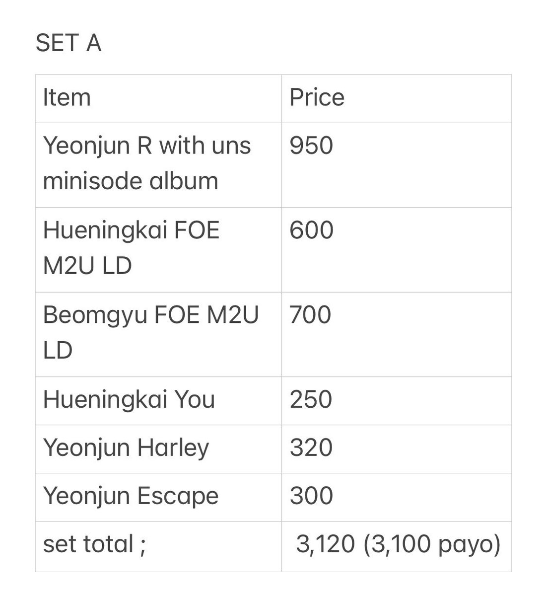 wtyeonbin's tweet image. hello ! here are the final sets that I will lapag tomorrow ! &amp;gt;&amp;lt; I tweaked the sets and adjusted the prices po since some are bought for a steal fries (sf lang po nagpabigat) ! Lapag would be tomorrow @ 7 pm 

code : “mine set (letter) dop/payo”

— payo not prio !