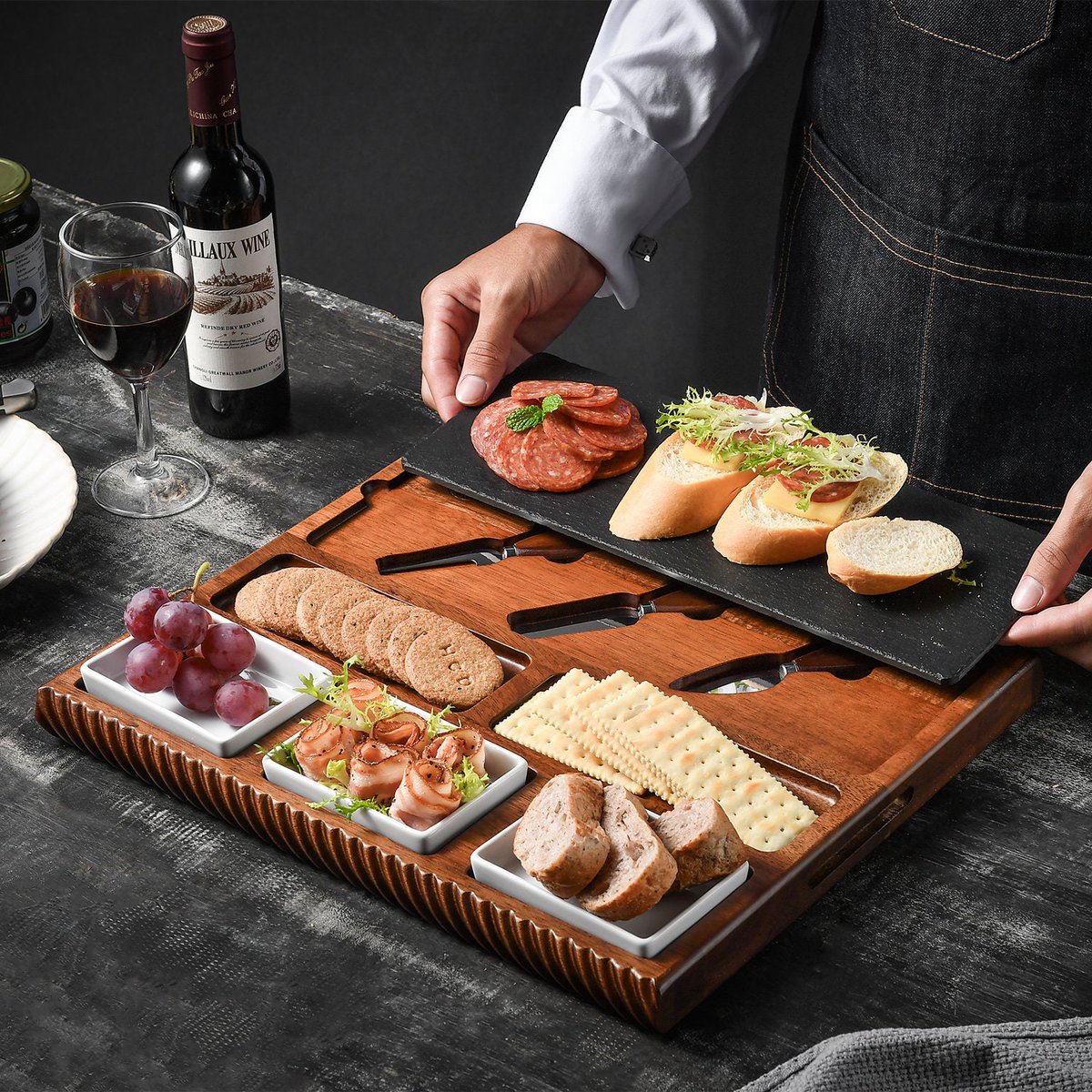WorldOfShanik's tweet photo. Personalized Cheese Board with Slate Blade and Utensils, Charcuterie Board, Cutting Board, Food Serving Platter with 3 Ceramic Bowls #CheeseBoardGift #PersonalizedBoard 
$74.99
➤ https://t.co/AsZb5LOt3H https://t.co/biXvXGaYqY