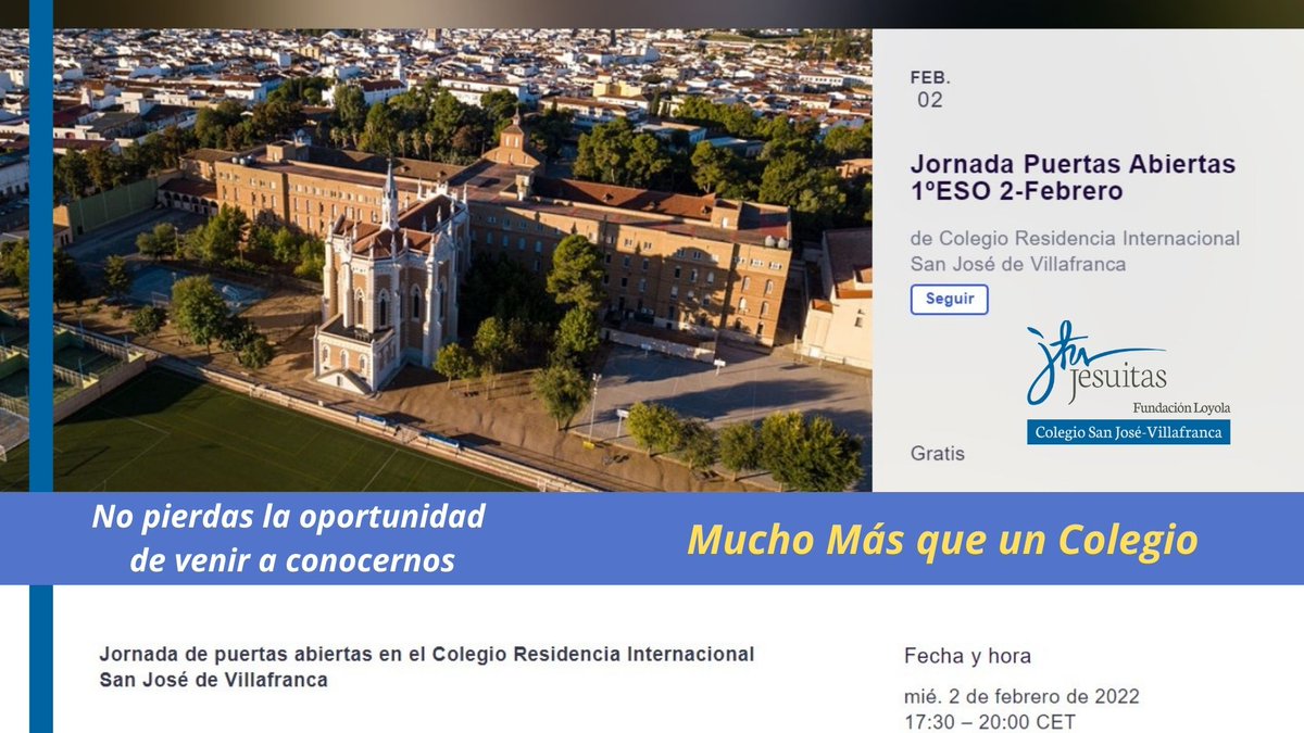 CSJVillafranca's tweet photo. #Formaciónintegral, #ResidenciaInternacional, actividades complementarias, modernas instalaciones, entorno rural, atención personalizada. @CSJVillafranca #MuchoMásqueUnColegio
https://t.co/pr8tJIQyBC 2 febrero
https://t.co/rOlnuvedbv 3 febrero
#JornadasdePuertasAbiertas 1º ESO https://t.co/fGfBHBNKey