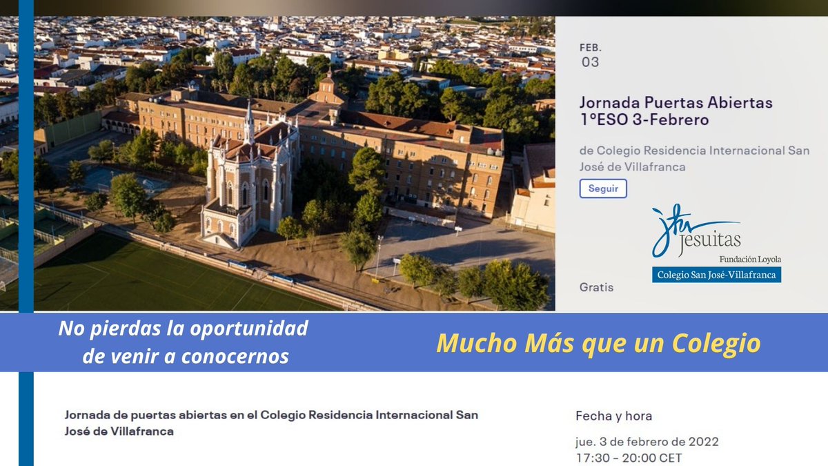 CSJVillafranca's tweet photo. #Formaciónintegral, #ResidenciaInternacional, actividades complementarias, modernas instalaciones, entorno rural, atención personalizada. @CSJVillafranca #MuchoMásqueUnColegio
https://t.co/pr8tJIQyBC 2 febrero
https://t.co/rOlnuvedbv 3 febrero
#JornadasdePuertasAbiertas 1º ESO https://t.co/fGfBHBNKey