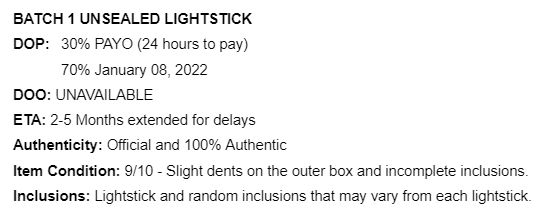 RE: BATCH 1 UNSEALED LIGHTSTICK DOP

Please settle your balances. It's already way past your DOP. All other important details are already EXPLICITLY STATED on our FAQs document. Please read and understand. Only the DOP for Batch 6 &amp; 7 ang na-move to January 31.

frog