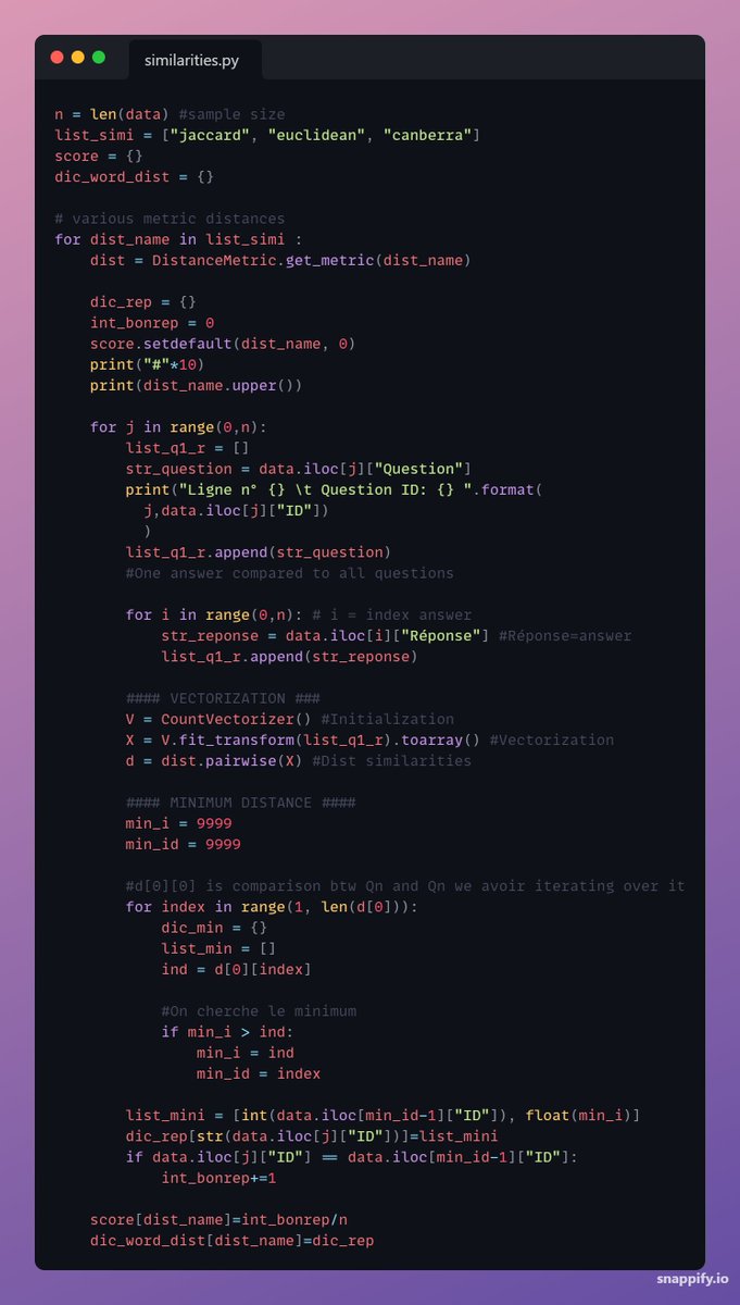 🗓 Day 10 - Distance metrics

I've been working on similarities between questions and answers. I wanted to see if the various metrics allowed me to associate questions and answers based on their similarities. 
#100DaysOfCode #Python #NLP