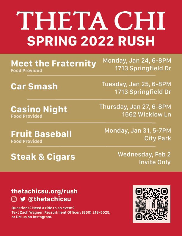 We’re getting ready for our Spring 2022 Rush season! Come out to some of our events, starting the 24, to meet the brothers of Theta Chi at <a href="/ColoradoStateU/">Colorado State University</a> and to join our brotherhood! Learn more on our website, thetachicsu.org. <a href="/CSU_FSL/">CSU FSL</a> <a href="/ThetaChiIHQ/">Theta Chi Fraternity</a>