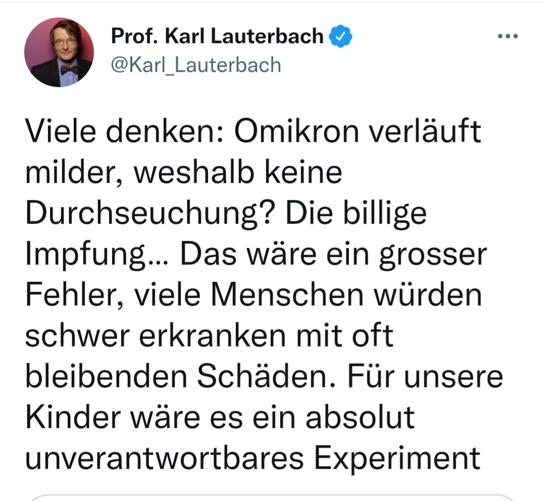 Herr <a href="/Karl_Lauterbach/">Prof. Karl Lauterbach</a>. Am 6.1. haben Sie gesagt, dass eine Durchseuchung der Kinder mit #Omicron ein unverantwortbares Experiment ist. Jetzt wird durchseucht. Warum tun Sie jetzt nichts dagegen? Sie sind Gesundheitsminister.